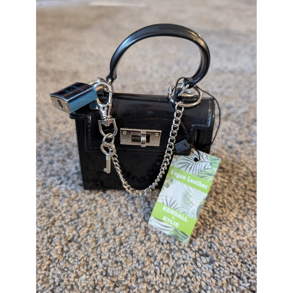 Kendall + Kylie Black Vegan Leather Micro Mini Bag Padlock Charm New